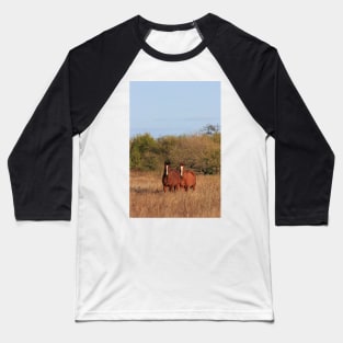 Kansas Red and White Horses in a pasture with tree's and blue sky. Baseball T-Shirt